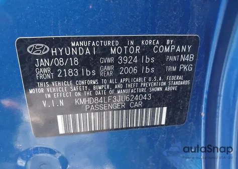 2018 Hyundai Elantra Value Edition z USA, uszkodzony, nr VIN KMHD84LF3JU624043